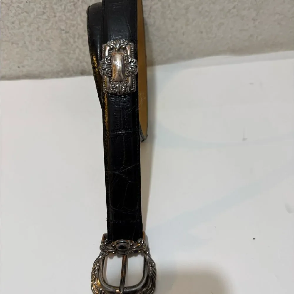 Enmon Belts Black Embossed Italian Leather Belt Silver Tone  sz Small